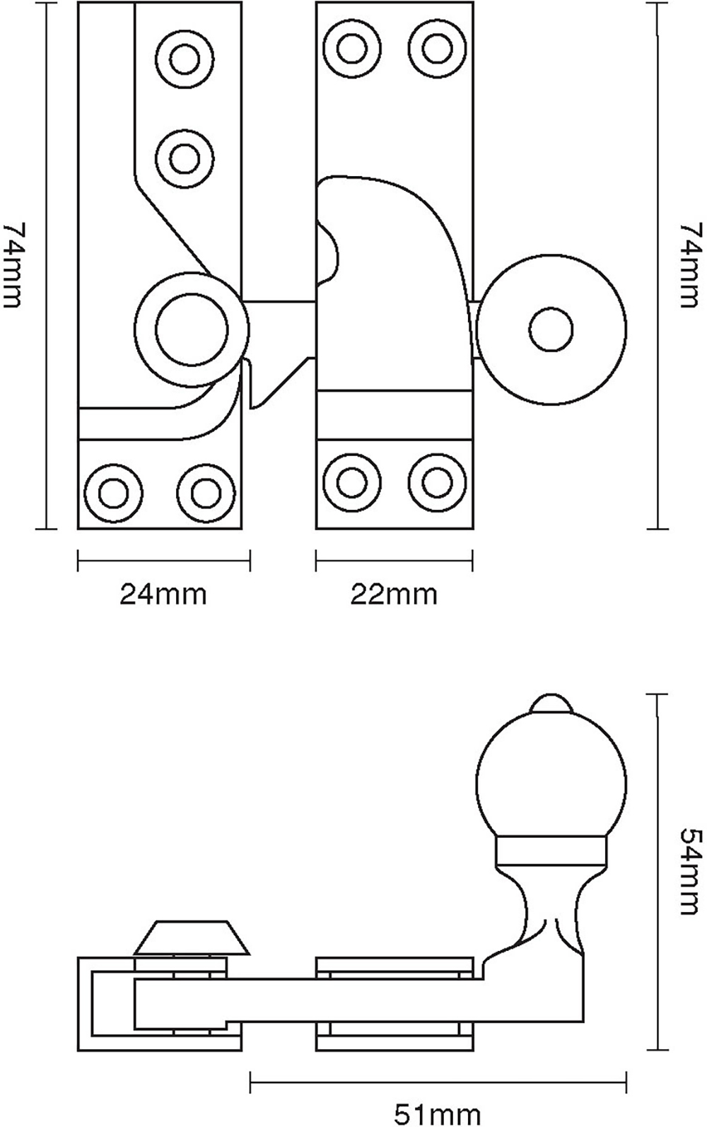 Large Straight Arm Sash Fastener – With White Knob