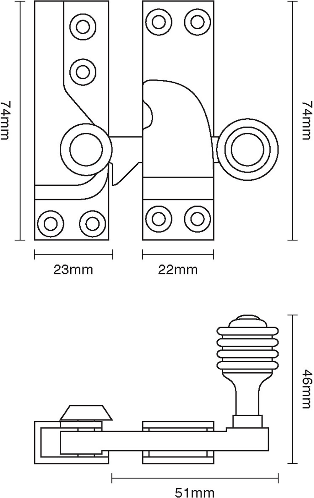 Large Straight Arm Sash Fastener – With Reeded Knob